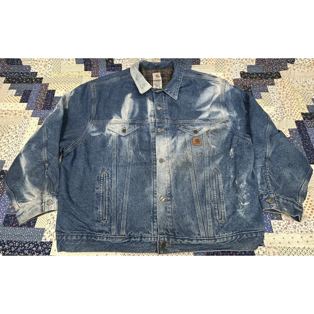 Vintage 90's Carhartt Wool Lined Distressed Denim Jacket‎ Size 3XL